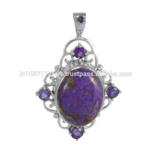 Mejor combinación púrpura de cobre turquesa y amatista piedras preciosas con colgante de diseño de plata esterlina hecho a mano para regalo
